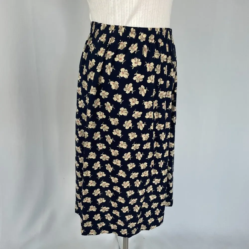 Vtg 90s Midi Skirt Size 12 Navy Blue Ditsy Floral A Line Cottage Boho Casual